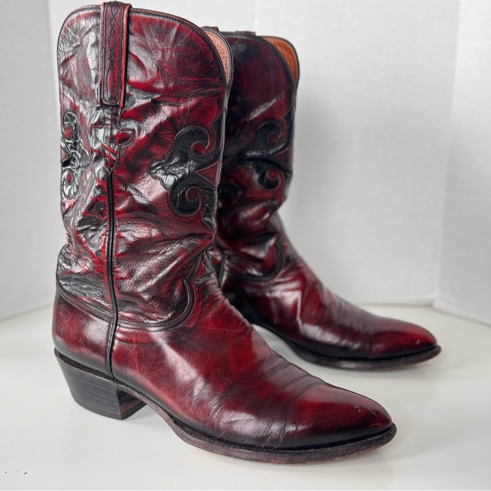 Lucchese Western Boots Red Black Burnished Leather Snip Toe Cowboy Cuban Heel